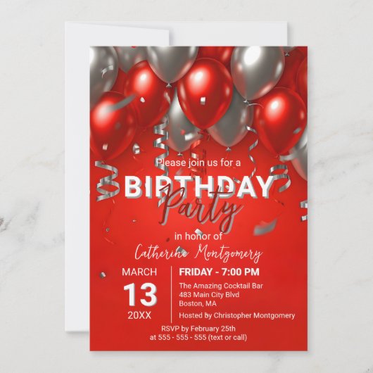 Elegant Chic Red en Zilveren Ballon Verjaardagsfee Kaart (Voorkant)