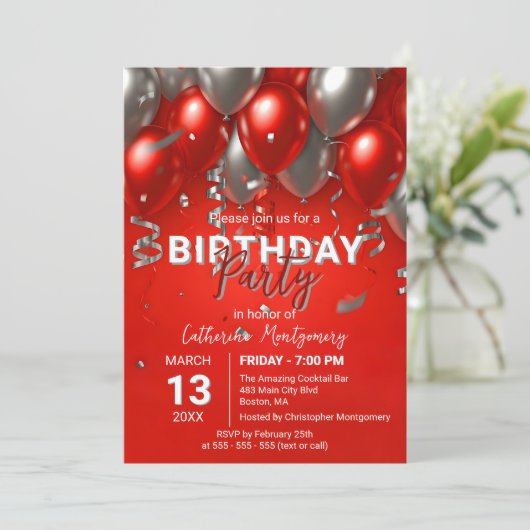 Elegant Chic Red en Zilveren Ballon Verjaardagsfee Kaart (Staand voorkant)