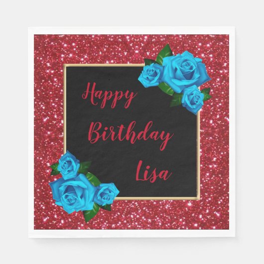Elegant Chic Red Glitter Blue Rozen Birthday Servet (Voorkant)