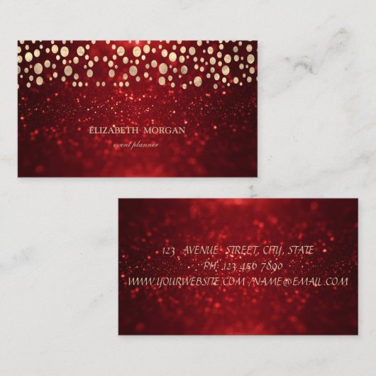 Elegant Chic Red Glitter Bokeh Gold Confetti Visitekaartje (Voorkant / Achterkant)