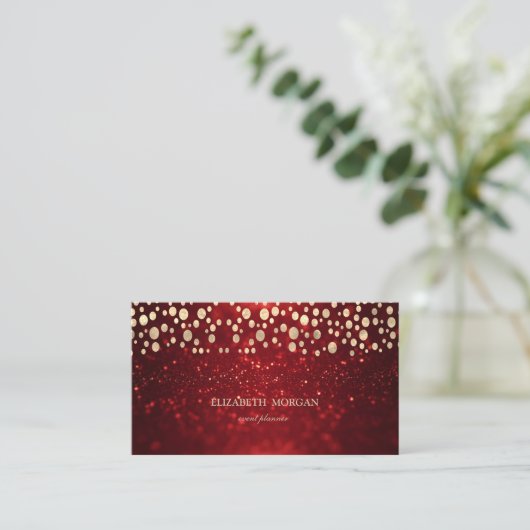 Elegant Chic Red Glitter Bokeh Gold Confetti Visitekaartje (Staand voorkant)