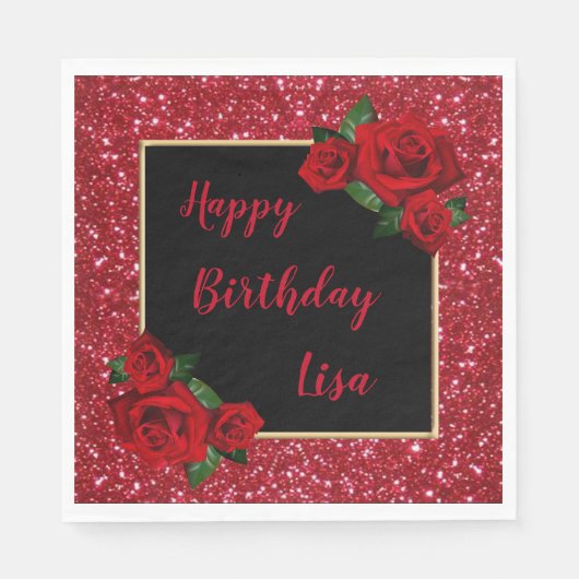 Elegant Chic Red Glitter Red Roses Birthday Servet (Voorkant)