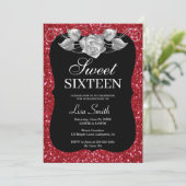 Elegant Chic Red Glitter Silver Roos Sweet 16 Kaart (Staand voorkant)
