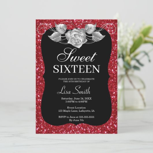 Elegant Chic Red Glitter Silver Roos Sweet 16 Kaart (Staand voorkant)