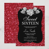 Elegant Chic Red Glitter Silver Roos Sweet 16 Kaart (Voorkant / Achterkant)