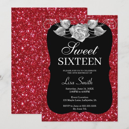 Elegant Chic Red Glitter Silver Roos Sweet 16 Kaart (Voorkant / Achterkant)