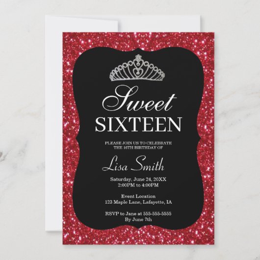 Elegant Chic Red Glitter Tiara Sweet 16 Kaart (Voorkant)