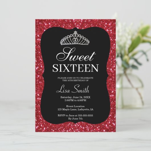 Elegant Chic Red Glitter Tiara Sweet 16 Kaart (Staand voorkant)