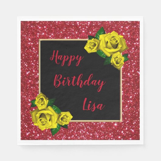 Elegant Chic Red Glitter Yellow Roses Birthday Servet (Voorkant)