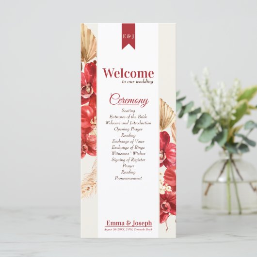 Elegant chic red orchid herfst custom Weddenschap Programmakaart (Staand voorkant)