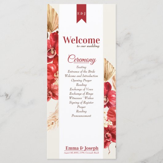 Elegant chic red orchid herfst custom Weddenschap Programmakaart (Voorkant)