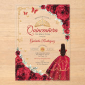 Elegant Chic Red Roses Gold Quinceanera Acryl Uitnodigingen (Voorkant)