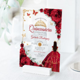 Elegant Chic Red Roses Gold Quinceanera  Acryl Uitnodigingen