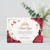 Elegant Chic Red Roses Gold Quinceanera Bedankkaart (Staand voorkant)
