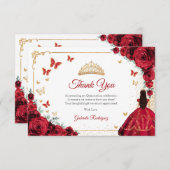Elegant Chic Red Roses Gold Quinceanera Bedankkaart (Voorkant / Achterkant)