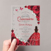 Elegant Chic Red Roses Silver Quinceanera Acryl Uitnodigingen (Insitu (Draagbaar))