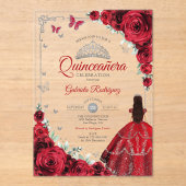 Elegant Chic Red Roses Silver Quinceanera Acryl Uitnodigingen (Voorkant)