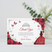 Elegant Chic Red Roses Silver Quinceanera Bedankkaart (Staand voorkant)