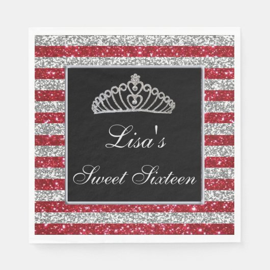 Elegant Chic Red Silver Glitter Tiara Sweet 16 Servet (Voorkant)