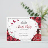 Elegant Chic Red Silver Quinceanera Reply RSVP Kaartje (Staand voorkant)