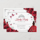 Elegant Chic Red Silver Quinceanera Reply RSVP Kaartje (Voorkant / Achterkant)