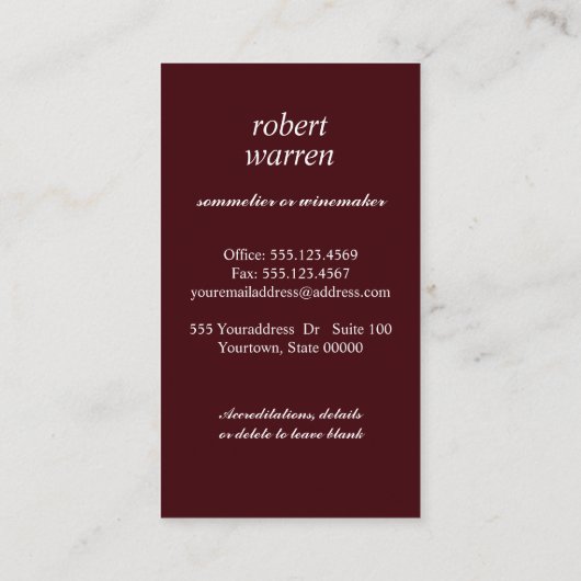 Elegant chic red wine glass Sommelier winemaker Visitekaartje (Achterkant)