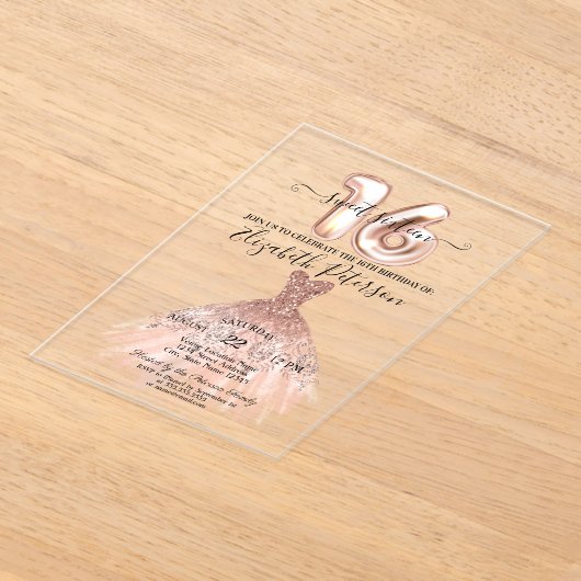 Elegant Chic Roos Gold Dress Confetti Sweet 16 Acryl Uitnodigingen (Laagn)