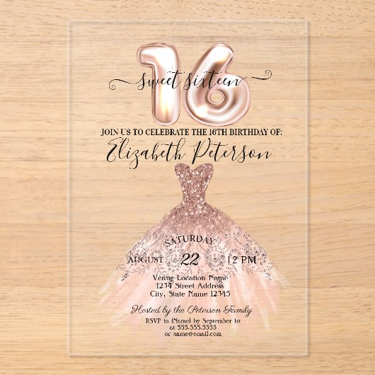 Elegant Chic Roos Gold Dress Confetti Sweet 16 Acryl Uitnodigingen (Voorkant)