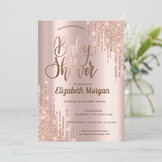 Elegant Chic Roos Gold Glitter Drift Baby shower Kaart (Staand voorkant)
