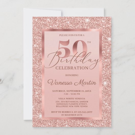 Elegant chic roos gold glitter foil 50e verjaardag kaart (Voorkant)