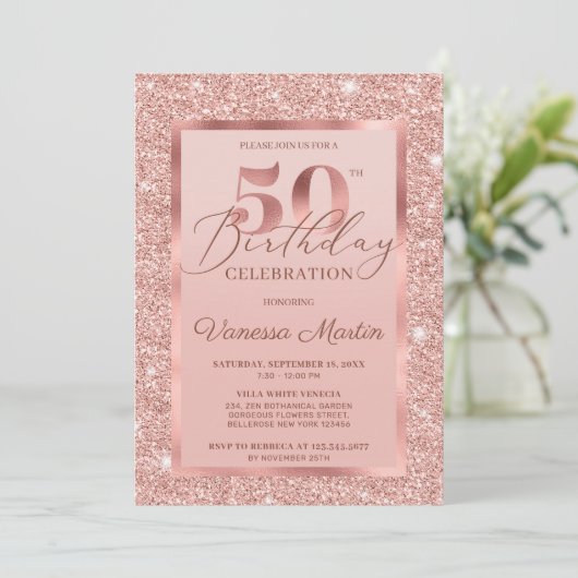 Elegant chic roos gold glitter foil 50e verjaardag kaart (Staand voorkant)