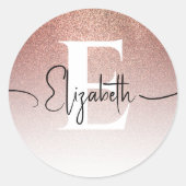 Elegant Chic Roos Gouden Glitter Sparkle Monogram Ronde Sticker (Voorkant)