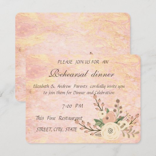 Elegant Chic Roos Marble Floral Rehearsal Dinner Kaart (Voorkant / Achterkant)