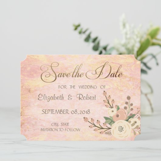 Elegant Chic Roos Marble Floral Save the Date (Staand voorkant)