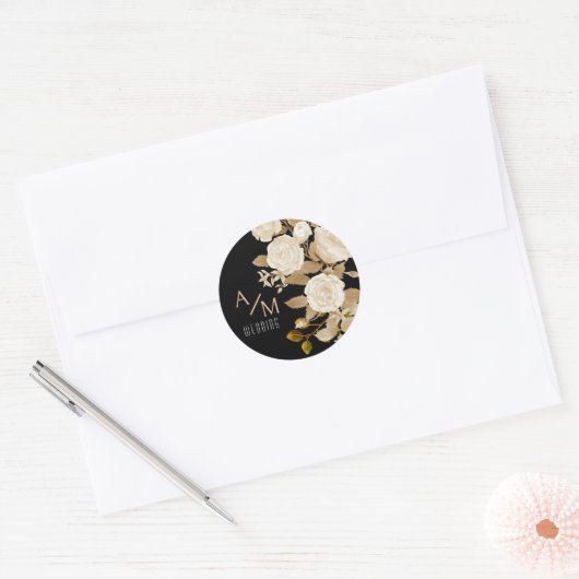 Elegant Chic Roos Monogram Zwart Ronde Sticker (Envelop)