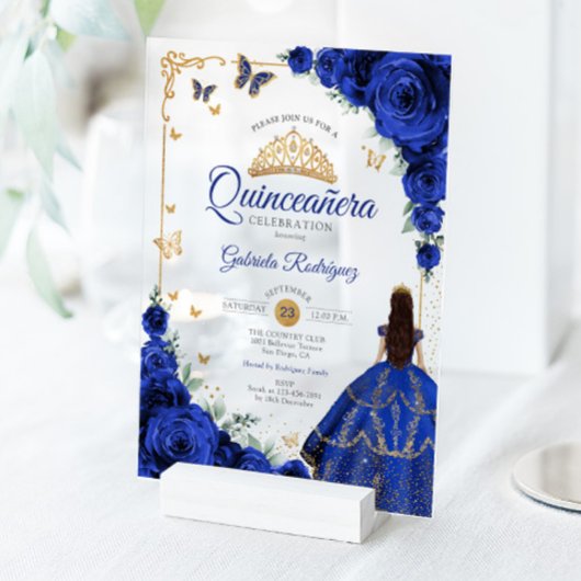 Elegant Chic Royal Blue Roses Gold Quinceanera Acryl Uitnodigingen