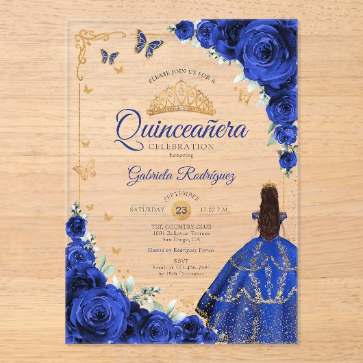 Elegant Chic Royal Blue Roses Gold Quinceanera  Acryl Uitnodigingen (Voorkant)