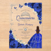 Elegant Chic Royal Blue Roses Silver Quinceanera Acryl Uitnodigingen (Voorkant)
