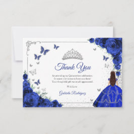 Elegant Chic Royal Blue Roses Silver Quinceanera Bedankkaart