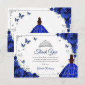 Elegant Chic Royal Blue Roses Silver Quinceanera Bedankkaart (Voorkant / Achterkant)