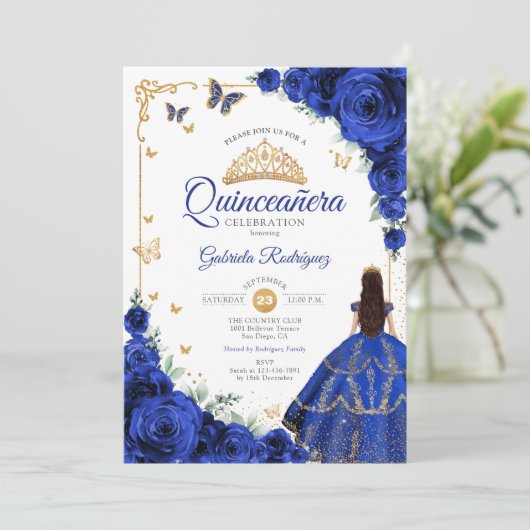 Elegant Chic Royal Blue Rozen Gold Quinceanera Kaart (Staand voorkant)