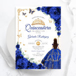 Elegant Chic Royal Blue Rozen Gold Quinceanera Kaart<br><div class="desc">Koninklijk blauw,  goud en wit Quinceanera viering uitnodiging. Beschikt over brunette meisje in baljurk jurk,  script lettertype,  gouden vlinders,  marineblauwe rozen en tiara. Perfect voor een elegante prinses stijl glam viering. Personaliseer met je eigen gegevens. Gedrukte Zazzle-uitnodigingen of direct download digitale afdrukbare sjabloon.</div>