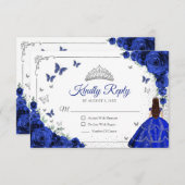 Elegant Chic Royal Blue Silver Quinceanera Reply RSVP Kaartje (Voorkant / Achterkant)
