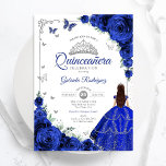 Elegant Chic Royal Blue Zilver Bloemen Quinceanera Kaart<br><div class="desc">Koninklijk blauw,  zilver en wit Quinceanera viering uitnodiging. Beschikt over brunette meisje in baljurk jurk,  script lettertype,  zilveren vlinders,  blauwe rozen en tiara. Perfect voor een elegante prinses stijl glam viering. Personaliseer met je eigen gegevens. Gedrukte Zazzle-uitnodigingen of direct download digitale afdrukbare sjabloon.</div>