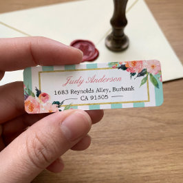 Elegant Chic roze Flowers Mint Green Stripes Etiket