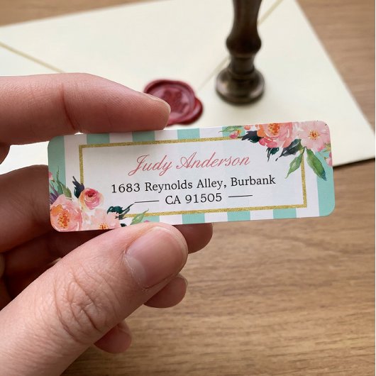 Elegant Chic roze Flowers Mint Green Stripes Etiket