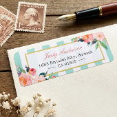 Elegant Chic roze Flowers Mint Green Stripes Etiket