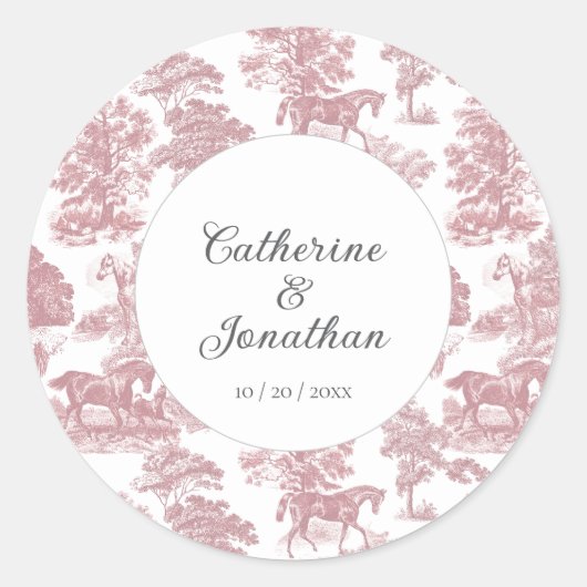 Elegant  Chic Roze Paard Toile Bruiloft Ronde Sticker (Voorkant)