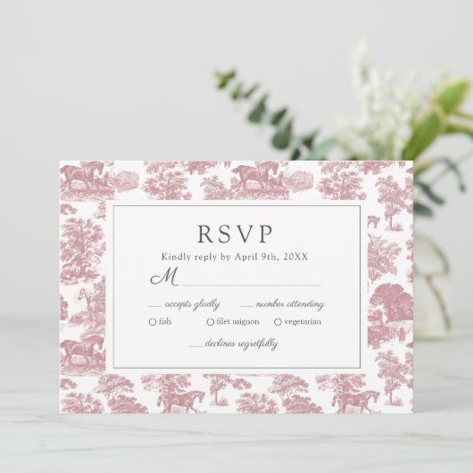 Elegant Chic Roze Toile Horse RSVP Save The Date (Staand voorkant)