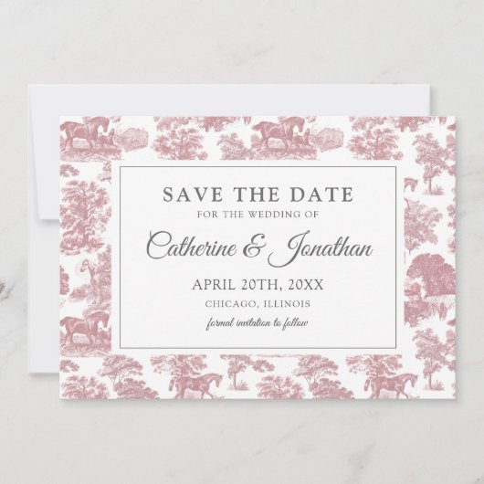 Elegant  Chic Roze Toile Horse Save The Date (Voorkant)